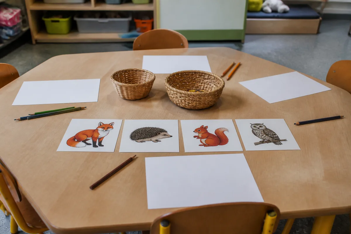 Cartes illustrées d’animaux de la forêt disposées sur une table de classe pour une activité de maternelle